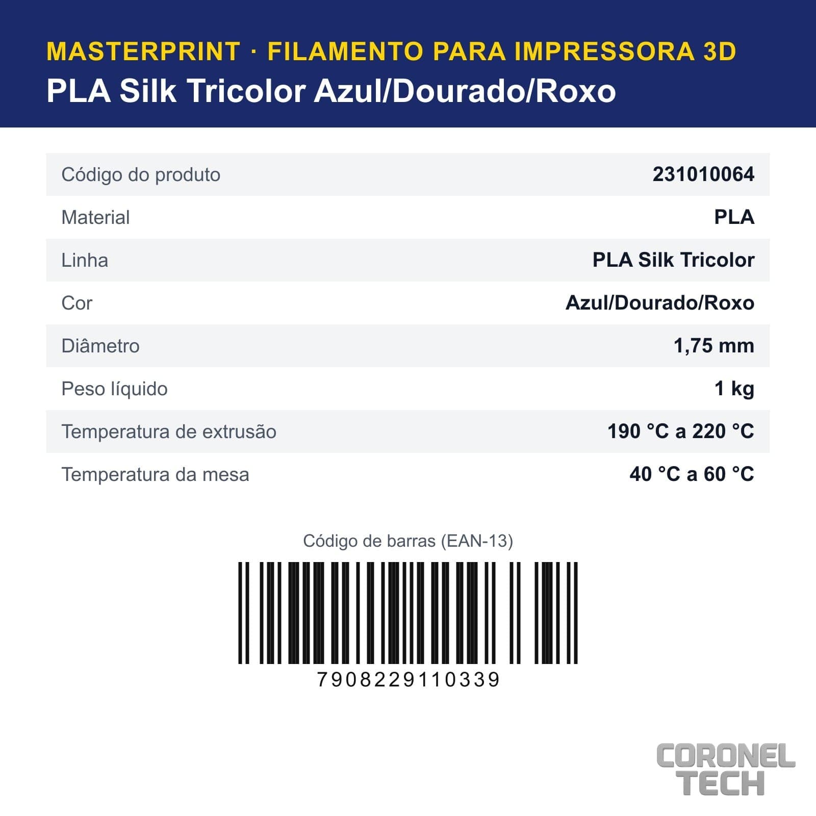 PLA Silk Tricolor Azul/Dourado/Roxo: dados e códigos do produto