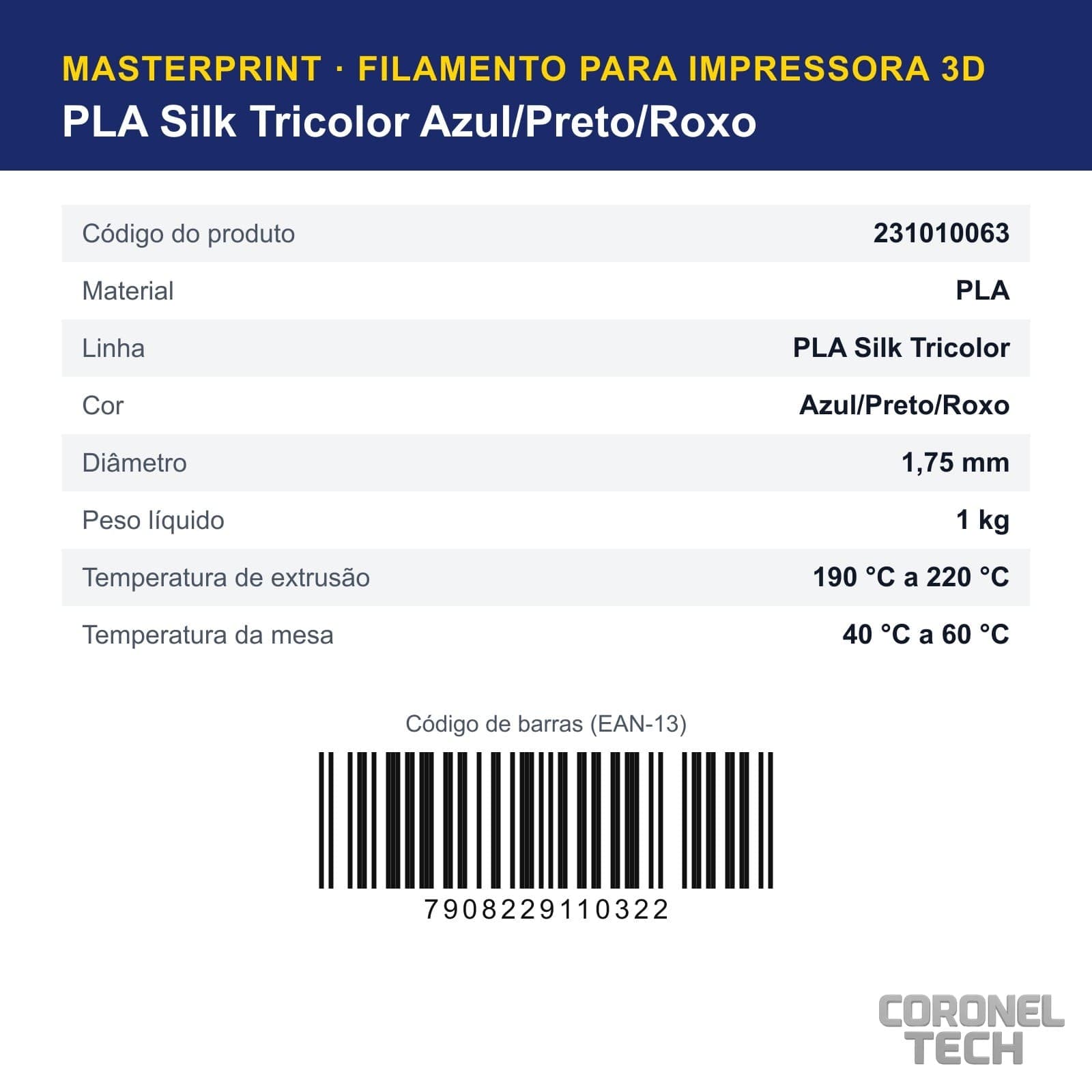 PLA Silk Tricolor Azul/Preto/Roxo: dados e códigos do produto