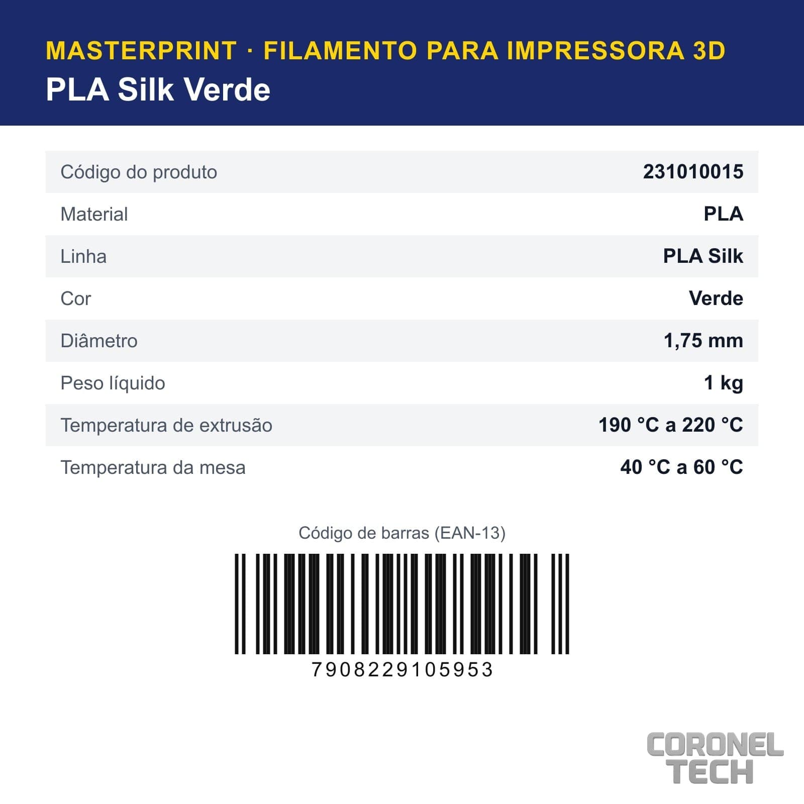 PLA Silk Verde: dados e códigos do produto