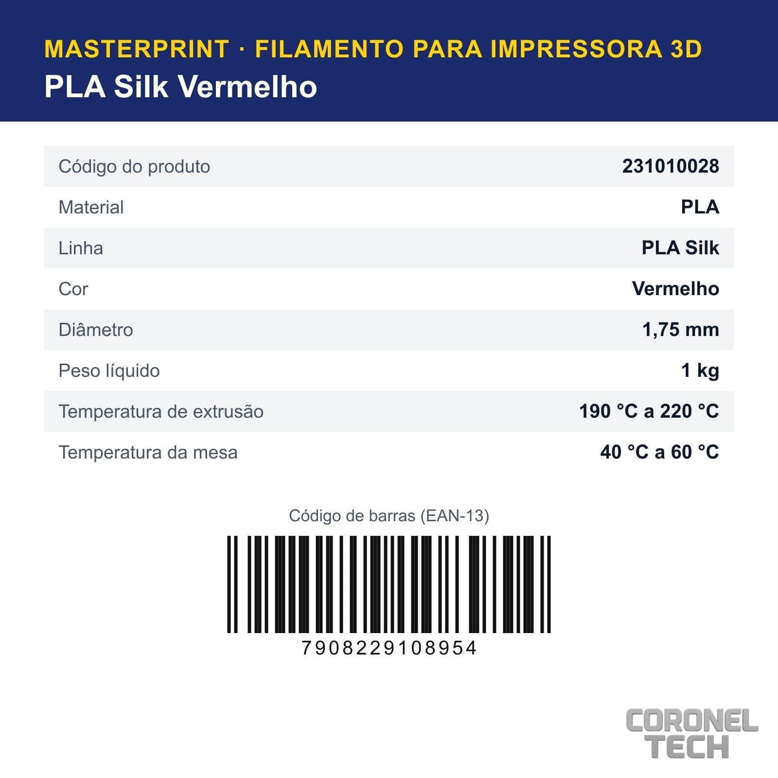 PLA Silk Vermelho: dados e códigos do produto
