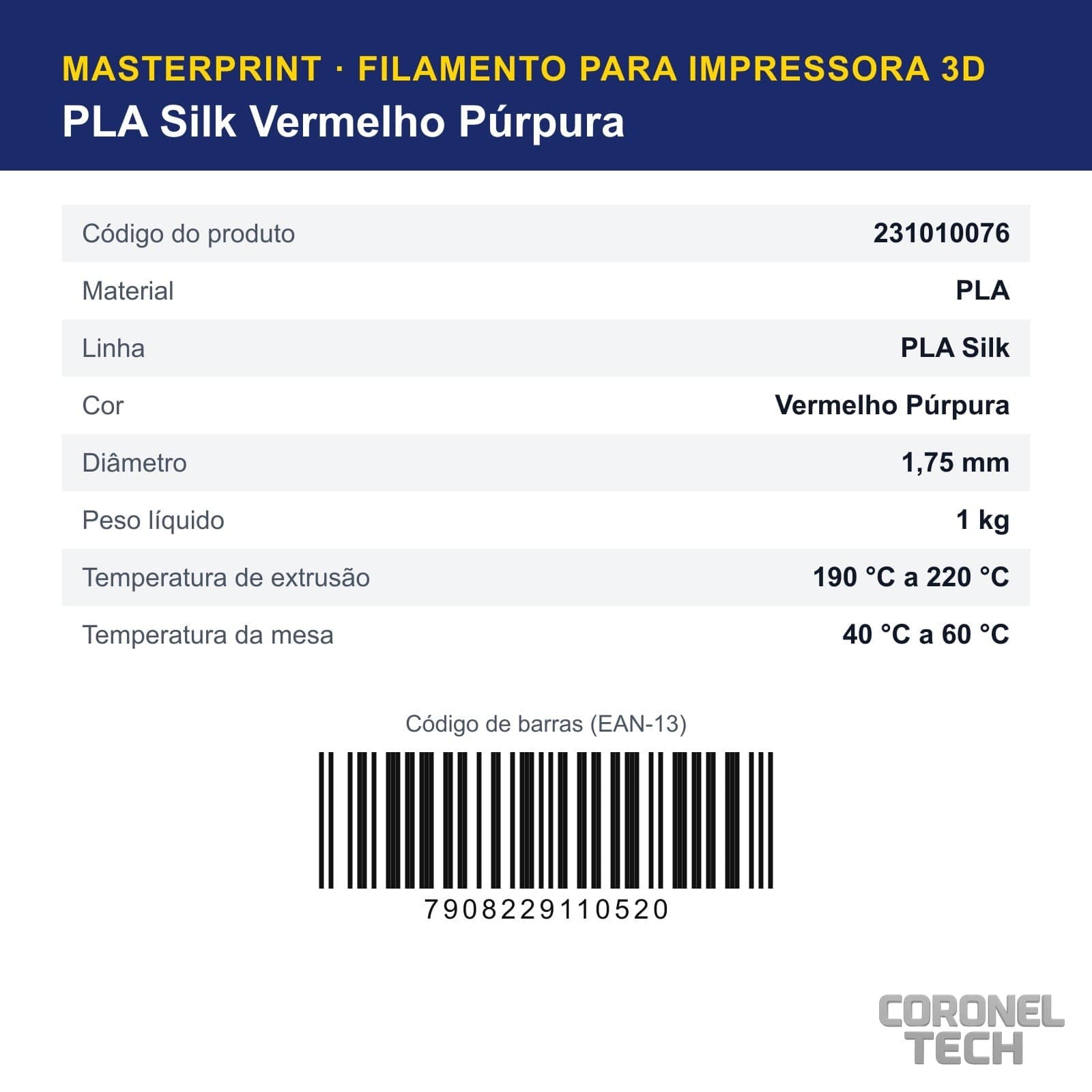 PLA Silk Vermelho Púrpura: dados e códigos do produto