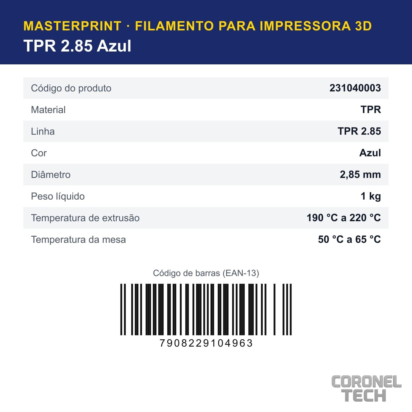 TPR 2.85 Azul: dados e códigos do produto