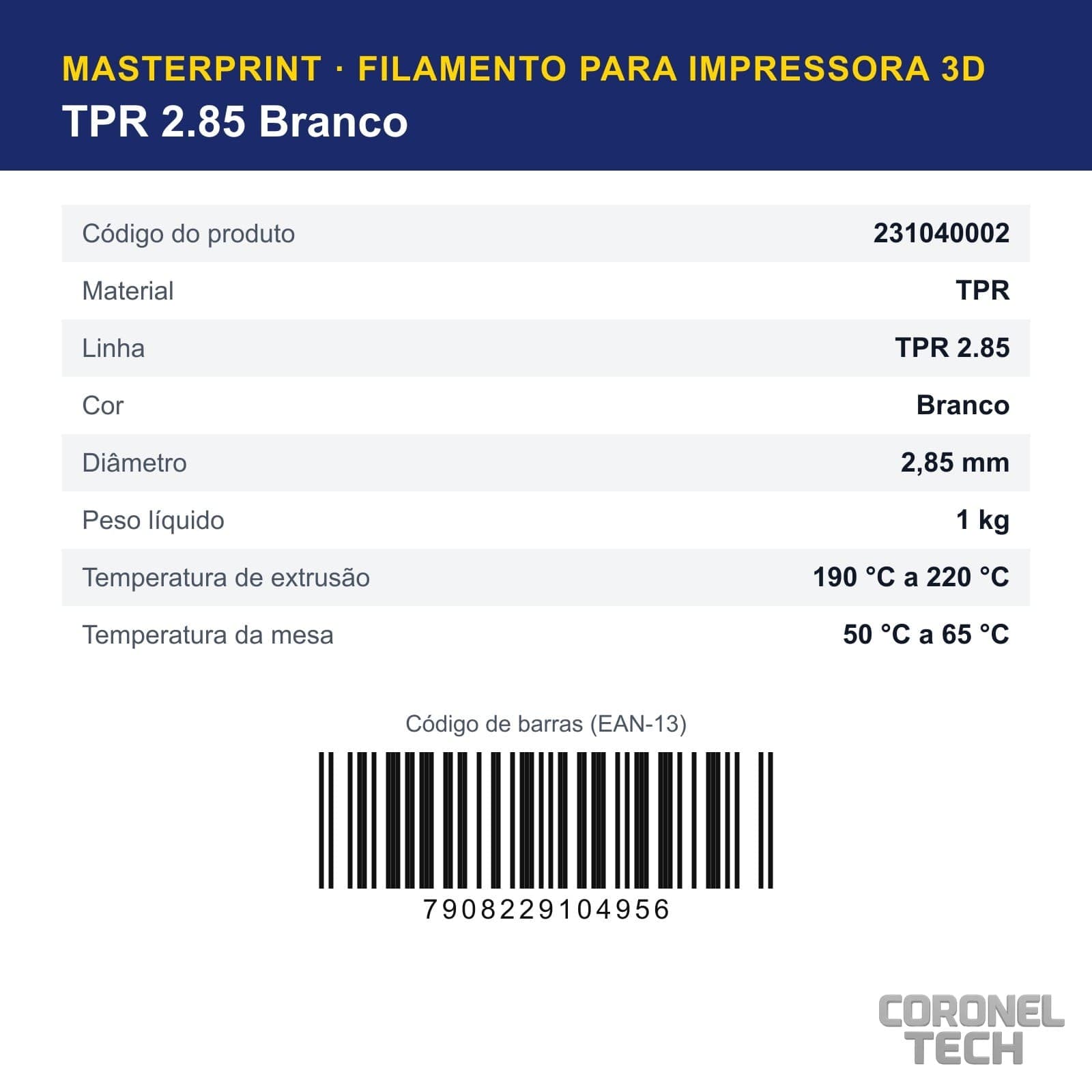 TPR 2.85 Branco: dados e códigos do produto