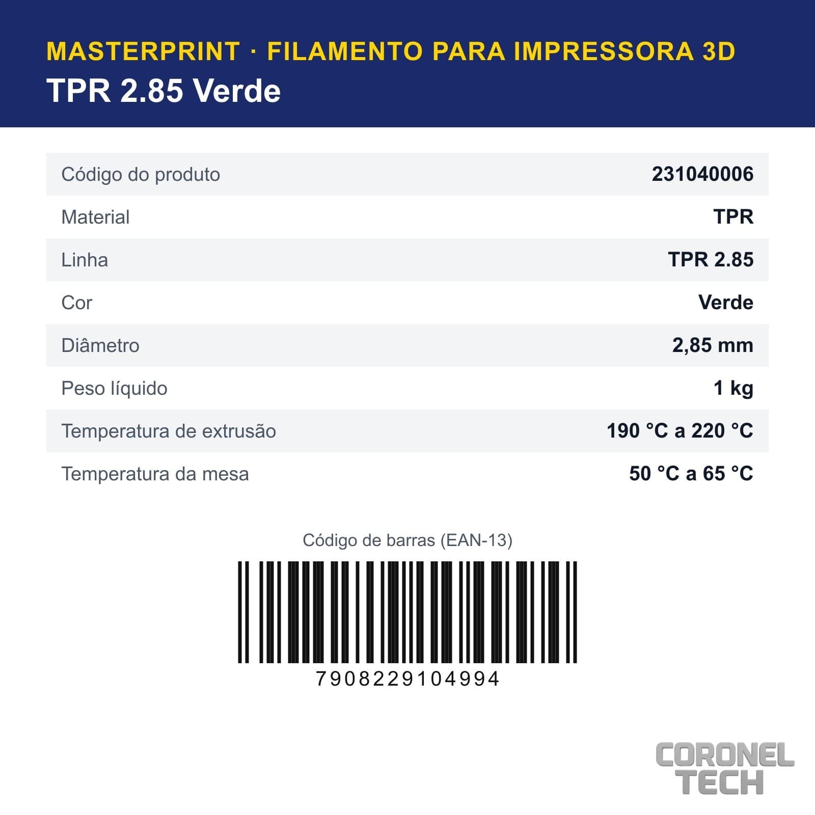 TPR 2.85 Verde: dados e códigos do produto