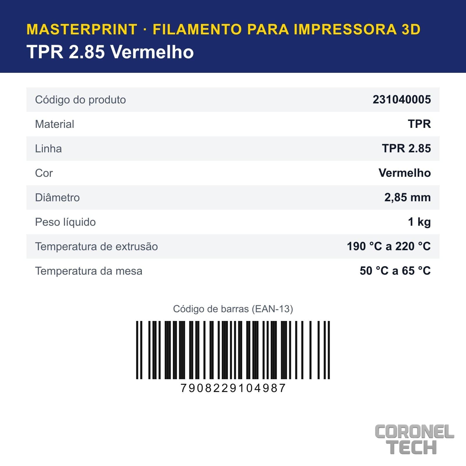 TPR 2.85 Vermelho: dados e códigos do produto