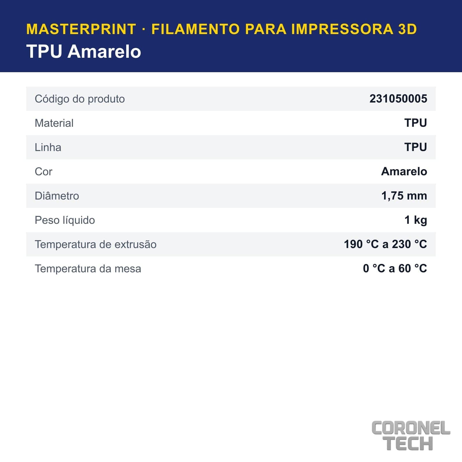 TPU Amarelo: dados e códigos do produto
