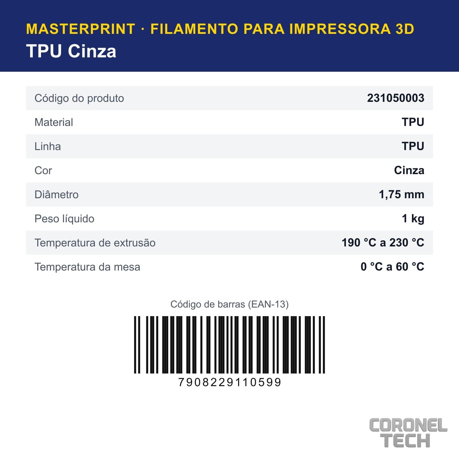 TPU Cinza: dados e códigos do produto