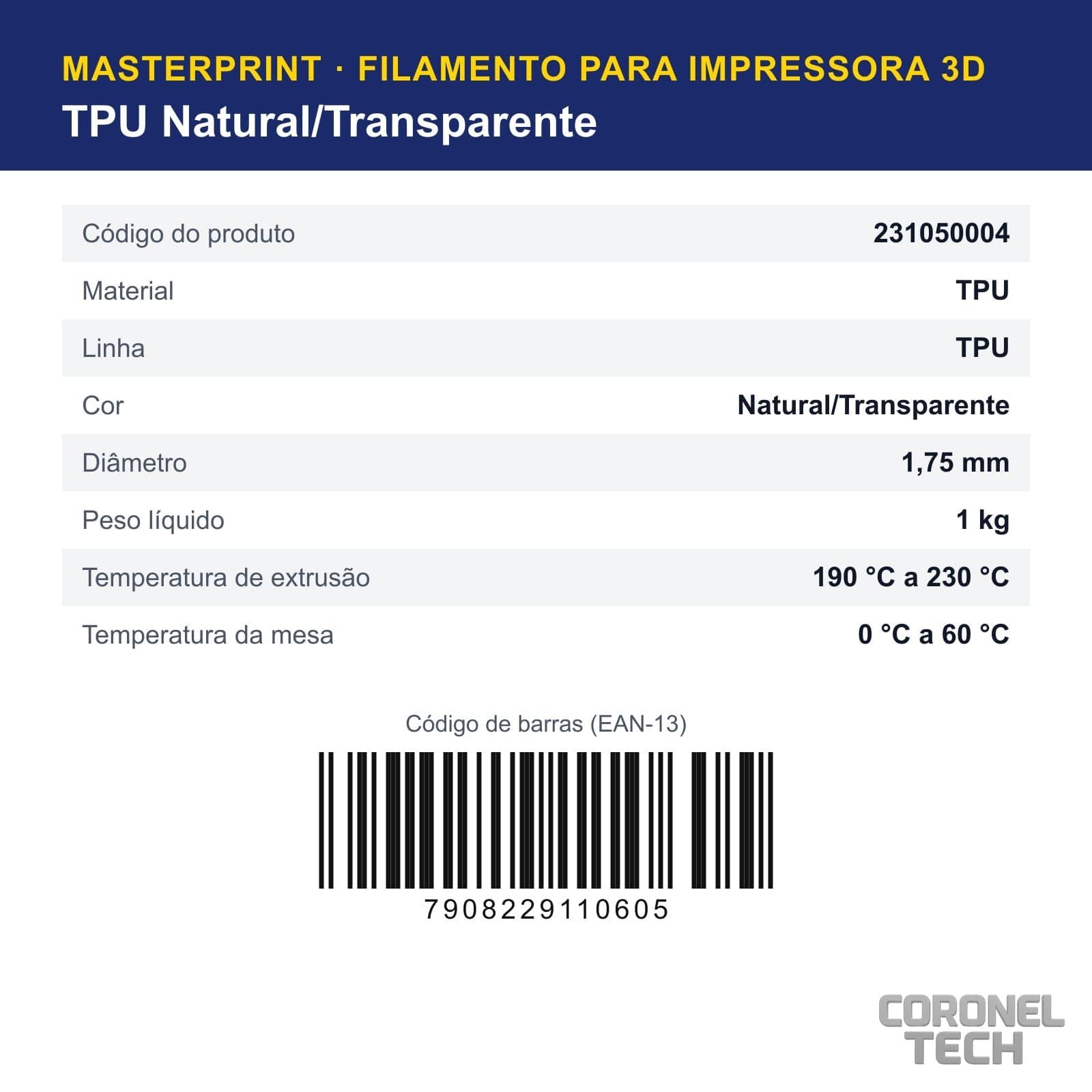 TPU Natural/Transparente: dados e códigos do produto