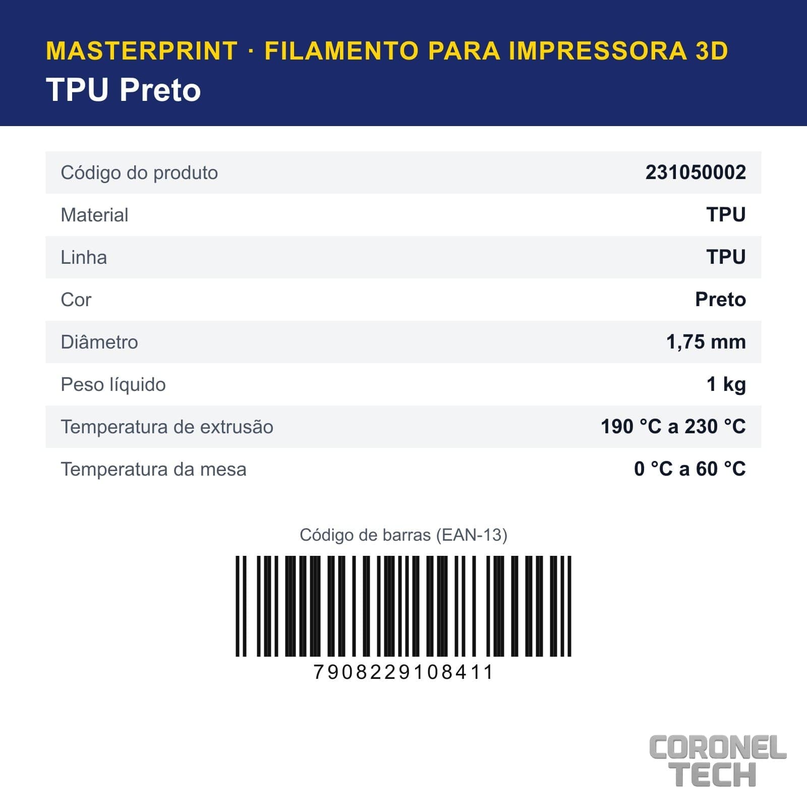 TPU Preto: dados e códigos do produto